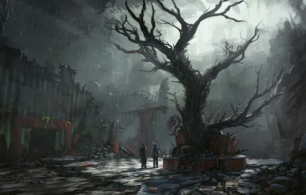Картинка дерево, сумрак, арт, руины, романтика апокалипсиса, romantically apocalyptic, лианы