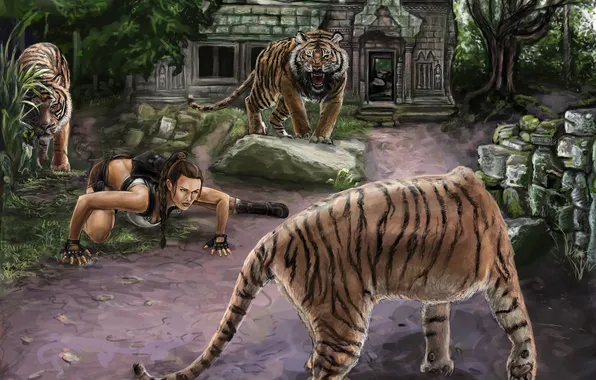 Картинка животные, девушка, игра, хищники, тигры, lara croft, tomb raider, окружают
