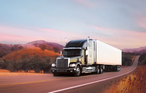 Дорога, деревья, холмы, трасса, truck, freightliner, тягач, фура