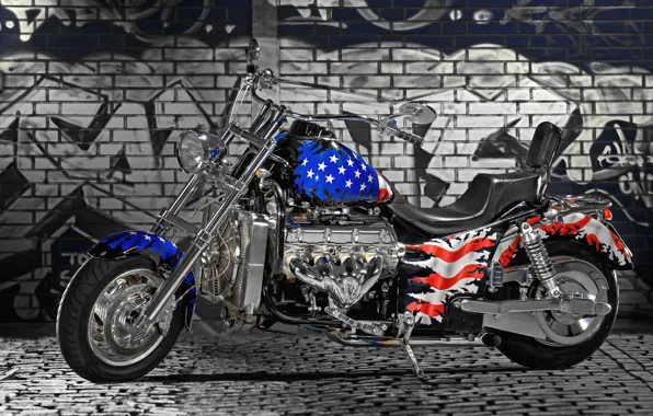 Картинка стена, колеса, Мотоцикл, american flag