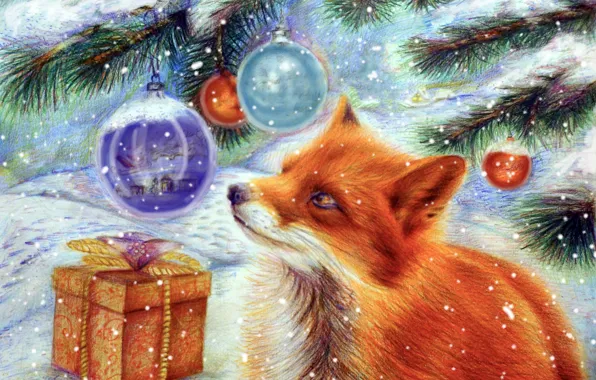 Картинка зима, снег, праздник, подарок, игрушка, елка, новый год, арт