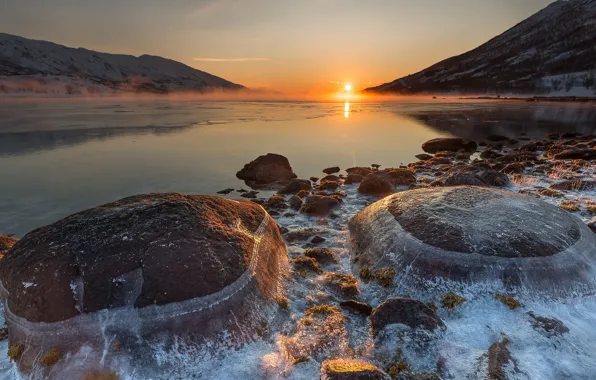 Картинка небо, солнце, закат, камни, водоем