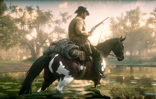 Картинка волосы, лошадь, шляпа, ружье, болота, Rockstar, Бандит, Red Dead Redemption 2