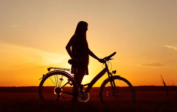 Поле, небо, девушка, закат, велосипед, фон, отдых, widescreen