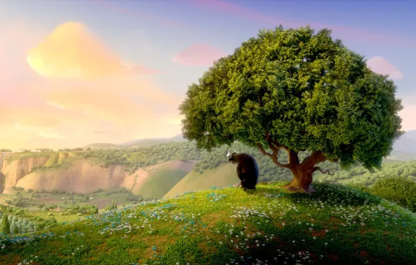 Картинка sky, cloud, tree, animal, bull, artwork, animated film, Ferdinand