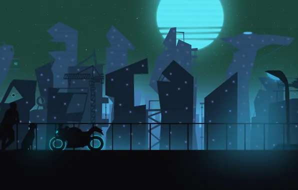 Картинка город, будущее, человек, неон, мотоцикл, фонарь, город будущего, пёс