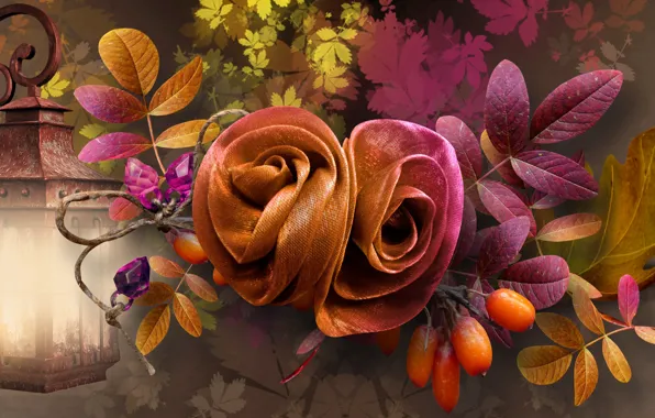 Картинка осень, листья, коллаж, плоды, фонарь, ткань