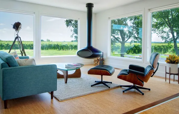 Интерьер, камин, ретро стиль, гостиная, vineyard house, midcentury modern style