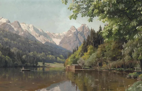 Датский живописец, 1913, Петер Мёрк Мёнстед, Peder Mørk Mønsted, Danish realist painter, Гребля на озере, …