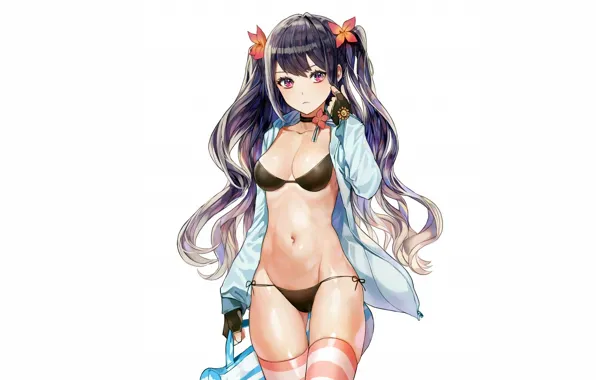 Girl, sexy, cleavage, blouse, thighhighs, long hair, boobs, anime