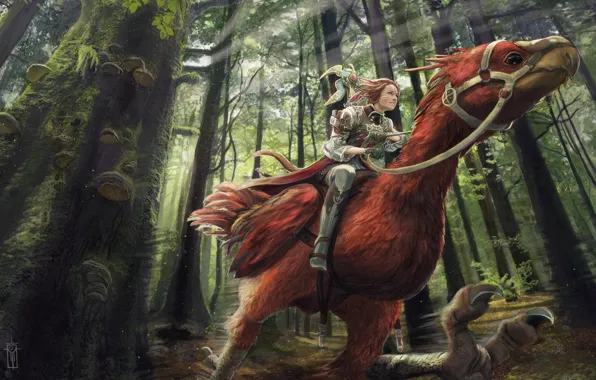 Лес, девушка, деревья, птица, транспорт, арт