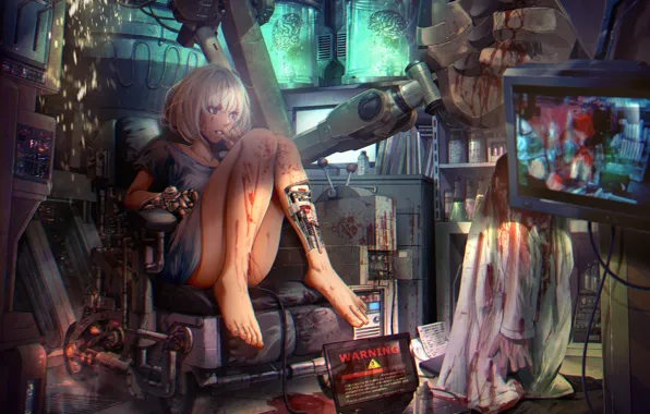 Девушка, кровь, робот, аниме, арт, мозг, телевизоры, shoichi-kokubun