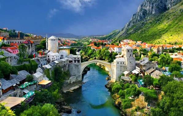 River, sky, trees, bridge, mountains, houses, Mostar, Bosnia and Herzegovina