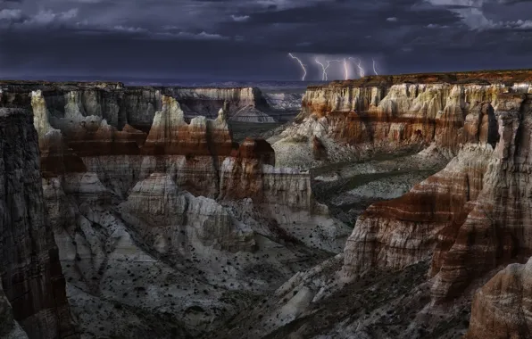 Картинка небо, тучи, скалы, молнии, каньон, Аризона, USA, США