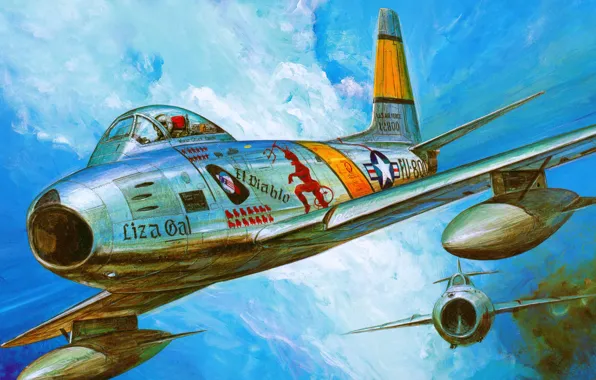 Рисунок, арт, ВВС США, преследование, North American, воздушный бой, МиГ-15, Sabre