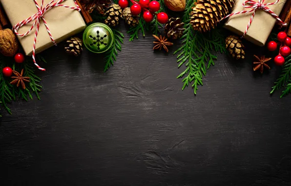 Картинка снег, украшения, ягоды, елка, Новый Год, Рождество, подарки, happy