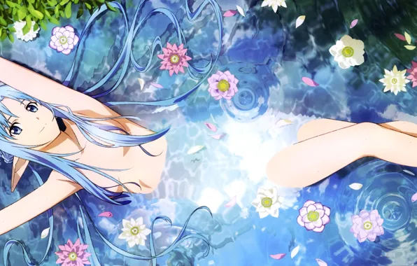 Вода, девушка, цветы, арт, Yuuki Asuna, Sword Art Online, takata akira