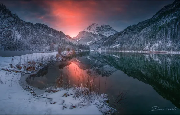 Картинка зима, лес, небо, закат, горы, озеро, отражение, Австрия