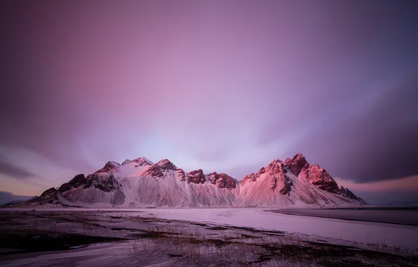 Картинка небо, снег, горы, Исландия, Vestrahorn, Stockksness