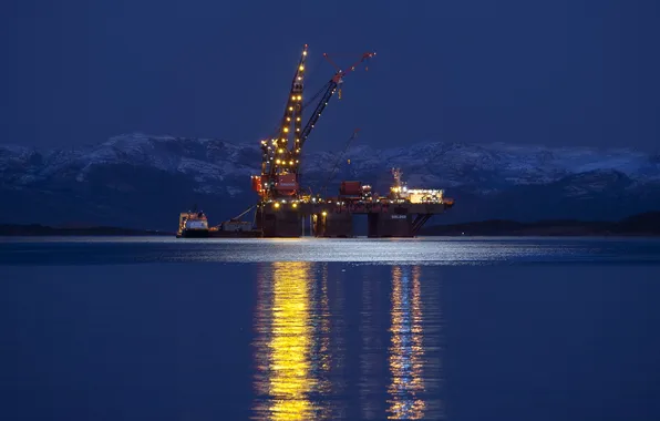 Море, ночь, платформа, Norway, Rogaland Fylke, Tungenes