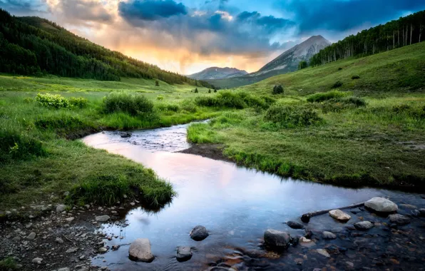 Картинка небо, облака, горы, речка, Colorado, Rocky Mountains, Crested Butte