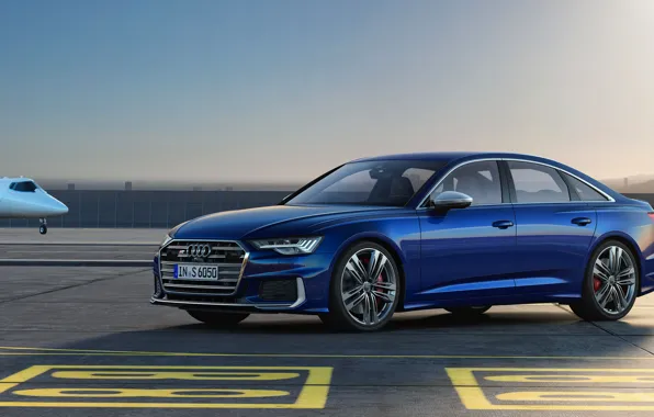 Синий, Audi, седан, аэродром, Audi A6, 2019, Audi S6