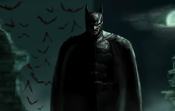 Картинка луна, арт, герой, костюм, Бэтмен, мужчина, летучие мыши, Batman