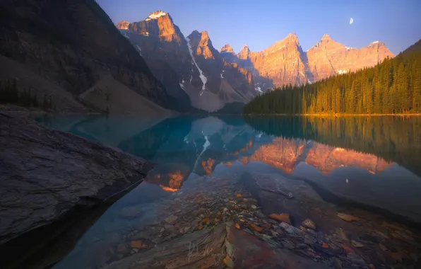 Картинка лес, горы, озеро, камни, луна, Канада