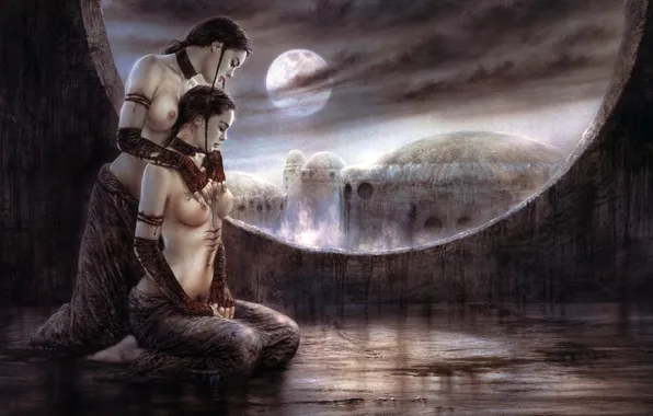 Грудь, девушки, луна, кровь, тату, балкон, боль, Luis Royo