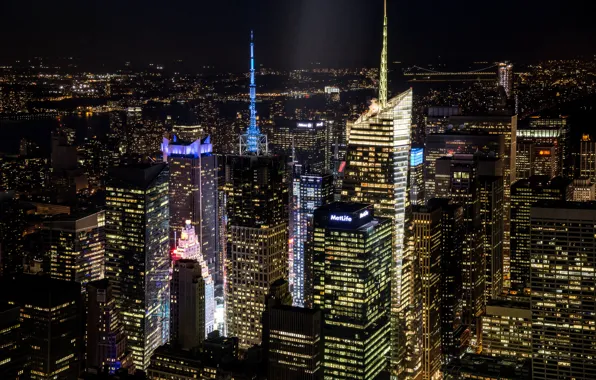 Картинка свет, ночь, город, здания, дома, Нью-Йорк, небоскребы, освещение