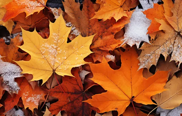 Зима, осень, листья, снег, фон, клен, close-up, winter