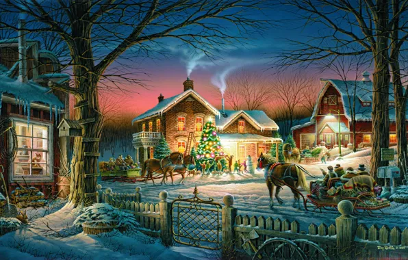 Картинка зима, небо, снег, деревья, праздник, лошадь, дым, забор