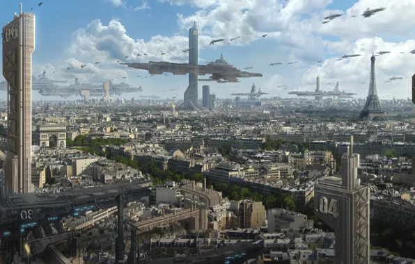 Картинка облака, город, будущее, транспорт, эйфелева башня, вид, париж, корабли