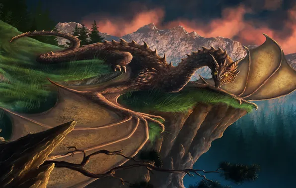 Картинка взгляд, деревья, горы, фантастика, обрыв, дракон, крылья, арт