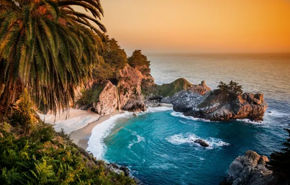 Картинка пальма, скалы, побережье, водопад, Калифорния, Pacific Ocean, California, Тихий океан