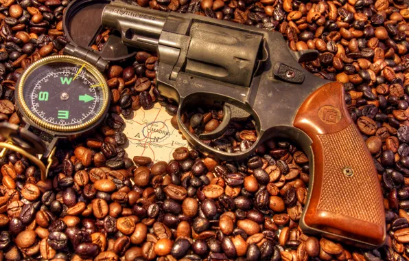 Картинка кофе, карта, Испания, револьвер, компас, зёрна, Мадрид, шестизарядный