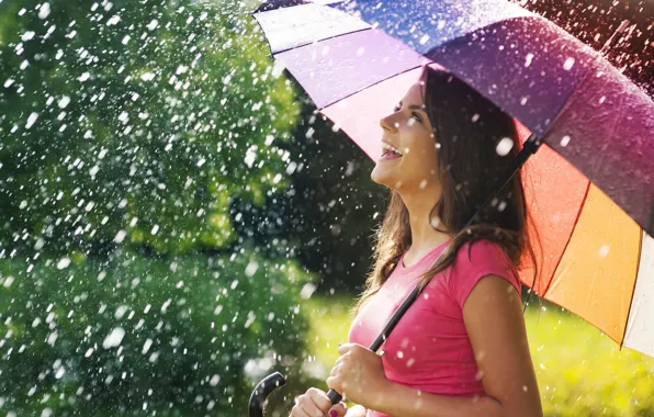 Картинка лето, девушка, радость, счастье, улыбка, зонтик, фон, дождь