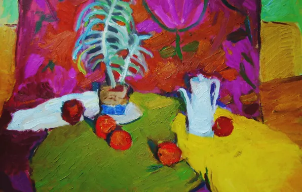 Картинка тюльпан, 2006, чайник, натюрморт, Пётр Петяев, Яблоки и цветные драпировки
