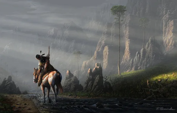 Картинка пейзаж, река, ручей, камни, скалы, конь, лошадь, человек