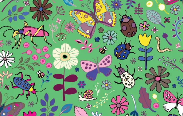Картинка Butterflies, beetles, blooms