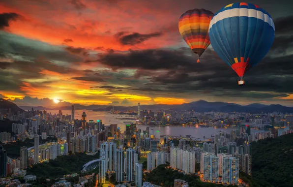 Картинка закат, город, воздушные шары