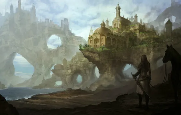 City, sword, fantasy, armor, sea, landscape, weapon, hills