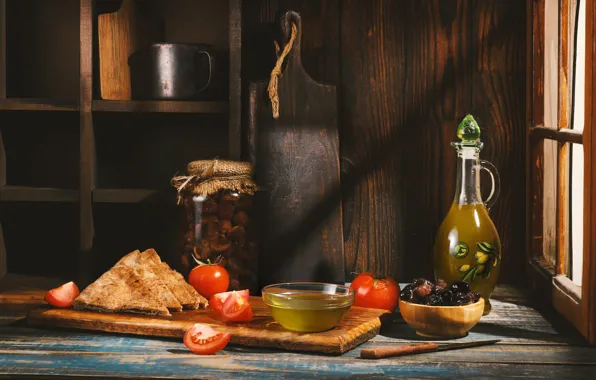 Свет, ретро, стол, доски, бутылка, масло, окно, хлеб
