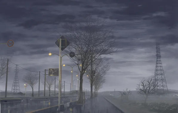 Картинка дорога, небо, деревья, тучи, туман, дождь, япония, фанари