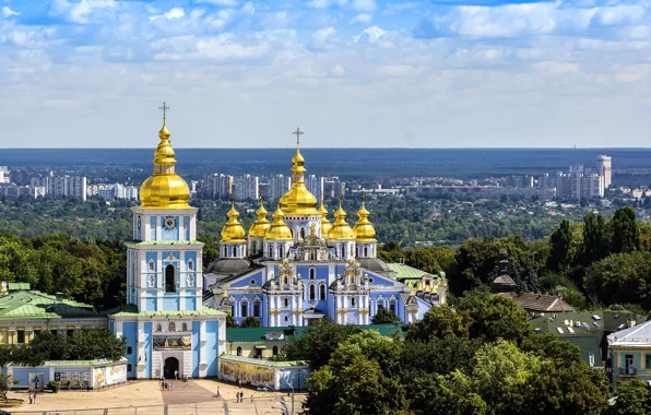 Небо, деревья, дома, панорама, Украина, монастырь, Киев, колокольня