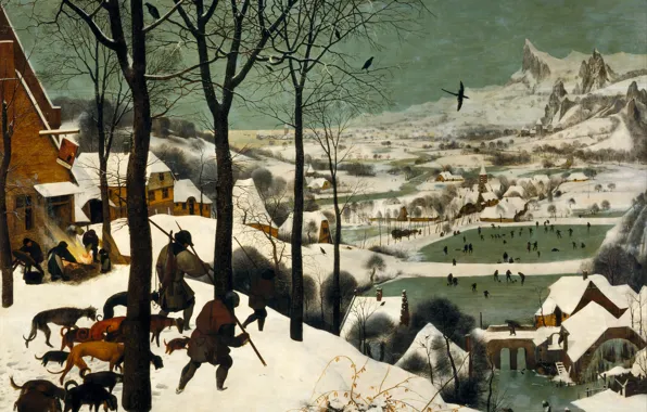 Vintage, animals, wood, winter, snow, dogs, hunter, oil