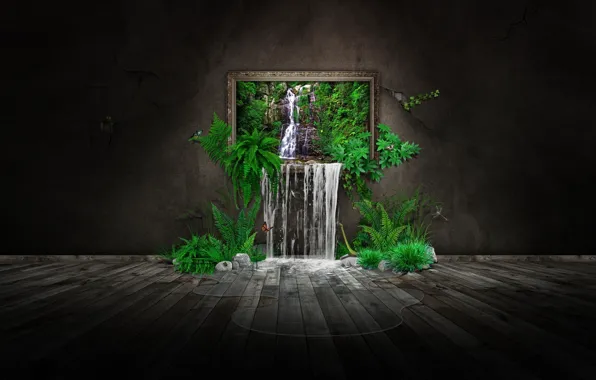 Картинка зелень, природа, бабочка, водопад, картина, photomanipulation