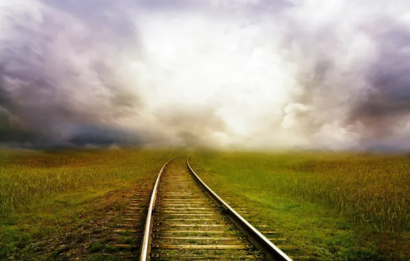 Grass, landscape, fog, railway
