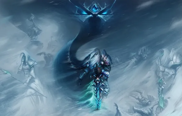 Картинка снег, оружие, ветер, арт, wow, персонажи, world of warcraft, Arthas Menethil