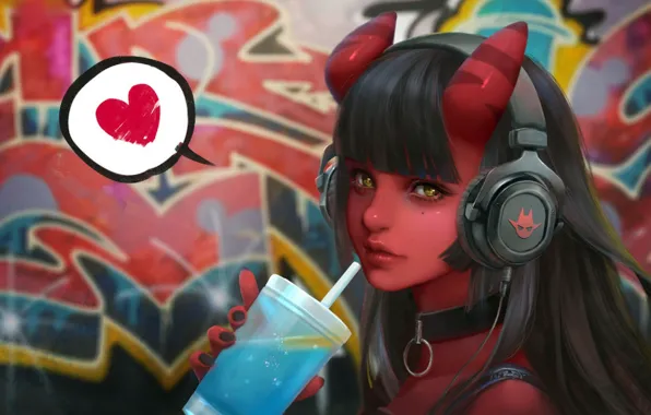 Девушка, наушники, Red, Арт, Деман